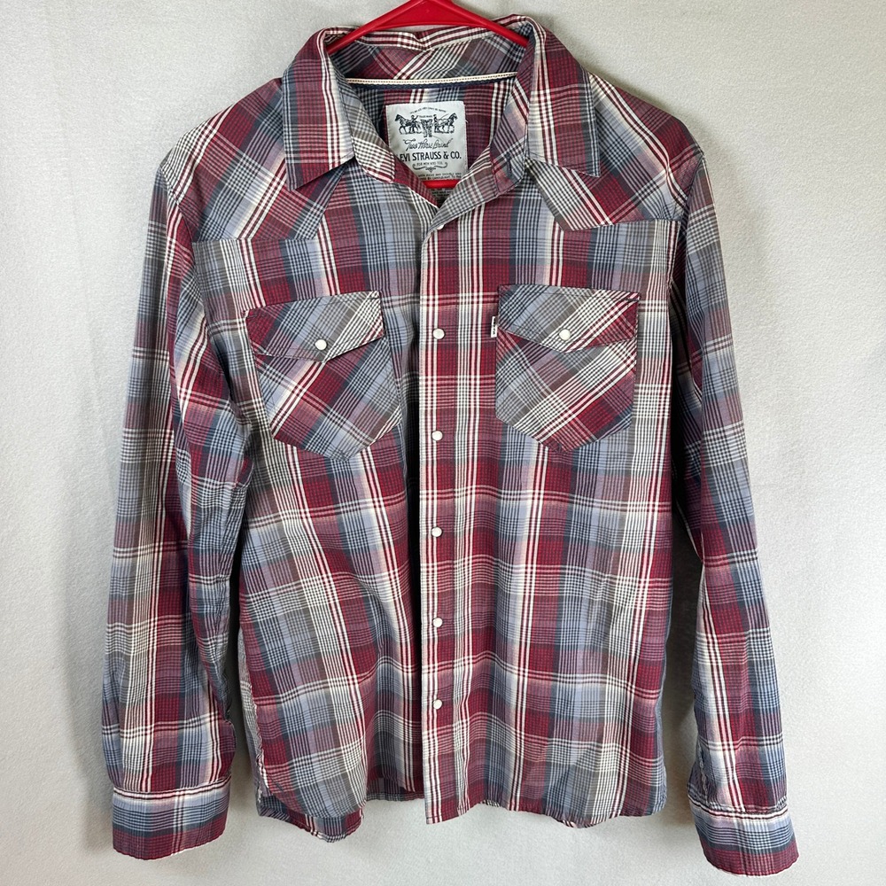 Levi Strauss & Co Western Shirt Men Small Slim Red Plaid Pearl Snap Cotton EUC